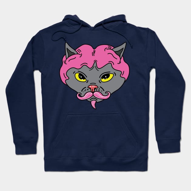 Cat with wig, hairless cat with wig, cat with a mustache Hoodie by Sourdigitals
